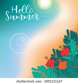 Red hibiscus flowers green palm and monstera leaves on the beach with sunlight.Vector illustration.