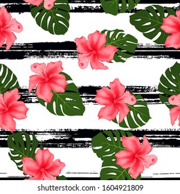 Red hibiscus flowers monstera leaves tropical seamless pattern. Exotic floral wallpaper. Pink hibiscus and monstera palm leaves on black painted stripes. Tropical jungle foliage and flowers design.