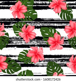 Red hibiscus flowers monstera leaves tropical seamless striped pattern. Exotic floral wallpaper. Pink hibiscus and monstera palm leaves on black stripes. Tropical jungle foliage and flowers design.