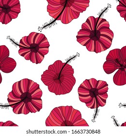 Red hibiscus flowers on white background. Seamless vector pattern.