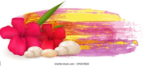 Red hibiscus flowers with pebble stones on grunge watercolor imitation background banner
