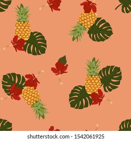 Red hibiscus flowers, pineapples and tropical leaves. Vector seamless pattern. Jungle illustration. Exotic plants and fruits. Summer beach floral design. Paradise nature.