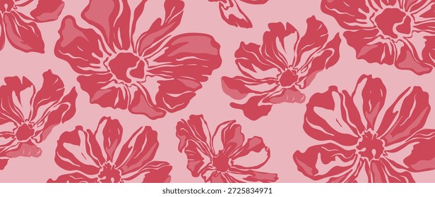 Vector de flores de hibisco rojo sin patrón floral con fondo rosa, silueta floral, sentimiento de verano tropical. Diseño fresco del fondo del verano de la primavera para el Fondo de pantalla, tela, envoltura, Web.