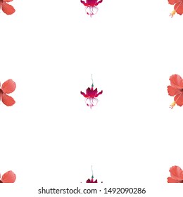 Red Hibiscus. Red Fuchsia. Vector illustration. Seamless background pattern. Floral botanical flower. Wild leaf wildflower isolated. Exotic tropical hawaiian jungle. Fabric wallpaper print texture.