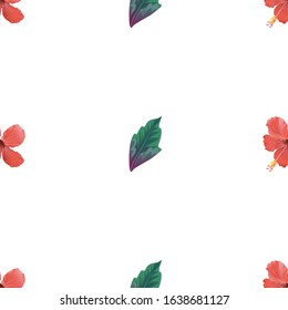 Red Hibiscus. Green Dracaena. Vector illustration. Seamless background pattern. Floral botanical flower. Wild leaf wildflower isolated. Exotic tropical hawaiian jungle. Fabric wallpaper print texture.