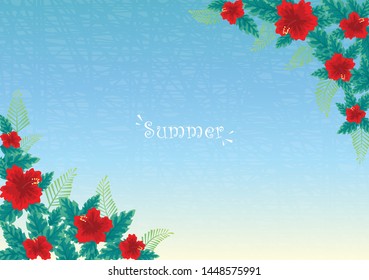 Red hibiscus with green leaf frame vector background for decoration on summer holiday events.