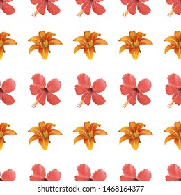 Red Hibiscus. Orange Daylily. Vector illustration. Seamless background pattern. Floral botanical flower. Wild leaf wildflower isolated. Exotic tropical hawaiian jungle. Fabric wallpaper print texture.