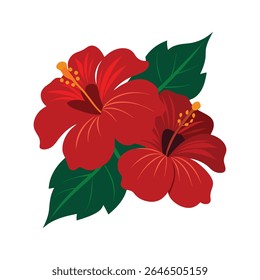 Red Hibiscus Pair - Tropical Cinco-Pétalas Flores com Estames Amarelos e Folhas Verdes