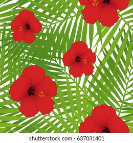 Red hibiscus and palm leaves seamless pattern. Vector illustration.