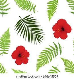 Red hibiscus and palm leaves seamless pattern. Vector illustration.