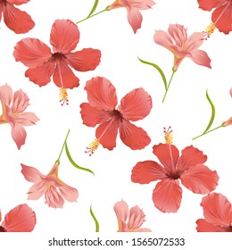Red Hibiscus. Pink Amaryllis. Vector illustration. Seamless background pattern. Floral botanical flower. Wild leaf wildflower isolated. Exotic tropical hawaiian jungle. Fabric wallpaper print texture.