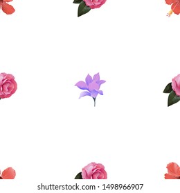 Red Hibiscus. Pink Balsam. Purple Magnolia. Vector illustration. Seamless background pattern. Floral botanical flower. Wild leaf wildflower isolated. Exotic tropical hawaiian jungle. Fabric.