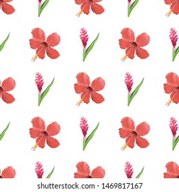 Red Hibiscus. Red and Pink Ginger. Vector illustration. Seamless background pattern. Floral botanical flower. Wild leaf wildflower isolated. Exotic tropical hawaiian jungle. Fabric wallpaper print.