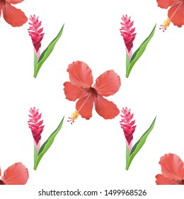 Red Hibiscus. Red and Pink Ginger. Vector illustration. Seamless background pattern. Floral botanical flower. Wild leaf wildflower isolated. Exotic tropical hawaiian jungle. Fabric wallpaper print.