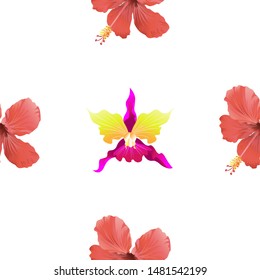 Red Hibiscus. Pink Orchid. Vector illustration. Seamless background pattern. Floral botanical flower. Wild leaf wildflower isolated. Exotic tropical hawaiian jungle. Fabric wallpaper print texture.