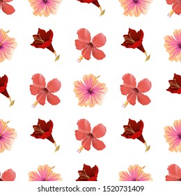 Red Hibiscus. Pink Hibiscus. Purple Amaryllis. Vector illustration. Seamless background pattern. Floral botanical flower. Wild leaf wildflower isolated. Exotic tropical hawaiian jungle. Fabric.