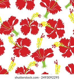 Red Hibiscus playful seamless pattern on white background