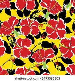 Red Hibiscus playful style seamless pattern on yellow blackground 