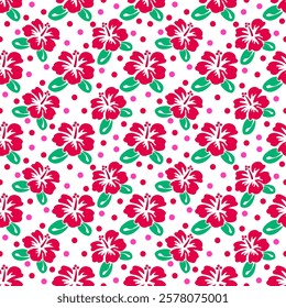 Red Hibiscus with polka dot on white background.. seamless pattern..Vector.