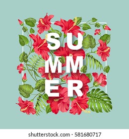 Red hibiscus in rectangular pattern with sign Summer over blue background. Vector illustration.