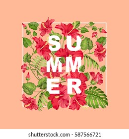 Red hibiscus in rectangular pattern with sign Summer over pink background. Vector illustration.