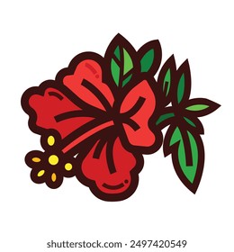 Red Hibiscus rosa sinesis flower colorful icon illustration isolated on square white background. Simple flat outlined cartoon art styled botanical and nature themed drawing.