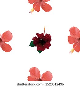 Red Hibiscus. Red Rose Mallow. Vector illustration. Seamless background pattern. Floral botanical flower. Wild leaf wildflower isolated. Exotic tropical hawaiian jungle. Fabric wallpaper print.