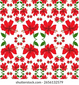 Padrão sem emenda de Hibisco vermelho com folhas verdes no fundo branco - Design de vetor floral tropical para tecido, papel de parede e impressão.