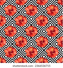 Red hibiscus tropical flowers on black and white strip rhombus. Fashion floral geometric background. Vector seamless pattern. Modern motif. Jungle exotic print, wallpaper.