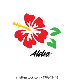 Red hibiscus vector graphic with writing Aloha. Hibiscus flower logo isolated on white background.