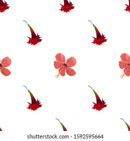Red Hibiscus. Vector illustration. Seamless background pattern. Floral botanical flower. Wild leaf wildflower isolated. Exotic tropical hawaiian jungle. Fabric wallpaper print texture.