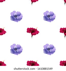 Red Hibiscus. Violet Anemone. Vector illustration. Seamless background pattern. Floral botanical flower. Wild leaf wildflower isolated. Exotic tropical hawaiian jungle. Fabric wallpaper print texture.