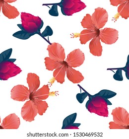 Red Hibiscus. Red Vriesea. Vector illustration. Seamless background pattern. Floral botanical flower. Wild leaf wildflower isolated. Exotic tropical hawaiian jungle. Fabric wallpaper print texture.