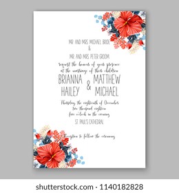 Red Hibiscus wedding invitation tropical floral card template Aloha Lauu anniversary invitation