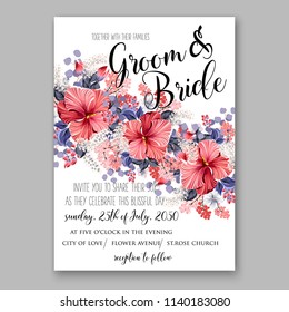 Red Hibiscus wedding invitation tropical floral card template Aloha Lauu anniversary invitation