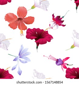 Red Hibiscus. White Hibiscus. Red Fuchsia. Violet Agapanthus Lily. Pink and Purple Fuchsia Bella. Vector illustration. Seamless background pattern. Floral botanical flower. Wild leaf wildflower.