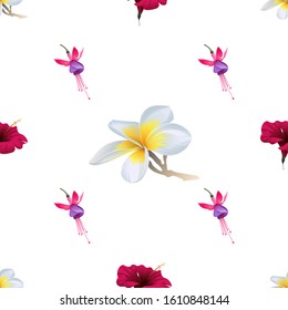 Red Hibiscus. White Plumeria. Pink and Purple Fuchsia Bella. Vector illustration. Seamless background pattern. Floral botanical flower. Wild leaf wildflower isolated. Exotic tropical hawaiian.