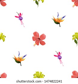 Red Hibiscus. Yellow Lilium. Orange Strelitzia. Pink and Purple Fuchsia Bella. Vector illustration. Seamless background pattern. Floral botanical flower. Wild leaf wildflower isolated. Exotic.