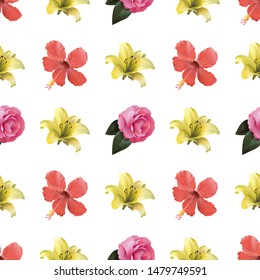 Red Hibiscus. Yellow Lilium. Pink Balsam. Vector illustration. Seamless background pattern. Floral botanical flower. Wild leaf wildflower isolated. Exotic tropical hawaiian jungle. Fabric wallpaper.