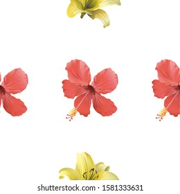 Red Hibiscus. Yellow Lilium. Vector illustration. Seamless background pattern. Floral botanical flower. Wild leaf wildflower isolated. Exotic tropical hawaiian jungle. Fabric wallpaper print texture.