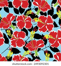 Red Hibiscut playful style seamless pattern on lightblue background