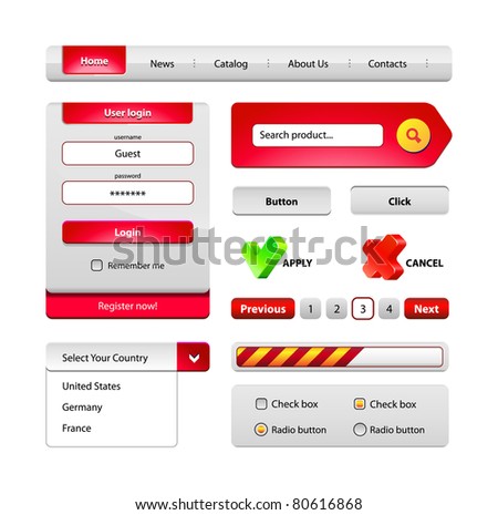 Red Hi-End Web Interface Design Elements: buttons, menu, progress bar, radio button, check box, login form, search, pagination, icons.