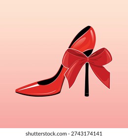red high heel shoe with a large decorative bow, isolated on soft pastel background. Good for Valentine’s Day, women’s day, fashion design, greeting cards, and branding projects.