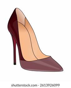 A red high heel shoe with a pointed toe. The shoe is made of leather and has a red sole. The shoe is designed to be elegant and stylish