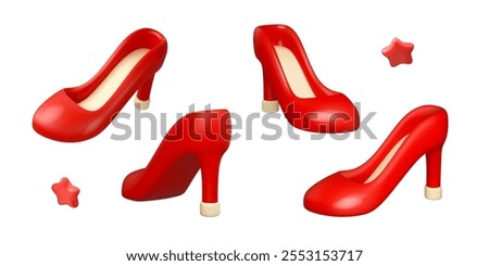 Red high heel shoes vector 3d icon set. Woman heels collection isolated on white background. Cartoon design elements from different view angles