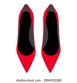 Red high heels. Pair of red pumps top view. Female evening shoes, high stiletto heels on white background. Modern vector object for poster, banner, card.