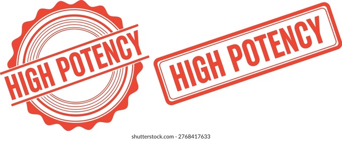 Red high potency stamp icons with bold text in circular and rectangular designs on a white background.