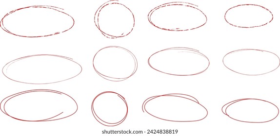 Red highlight circles, vector doodle set, isolated hand drawn ovals