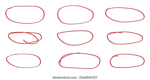 Red highlight circles, vector doodle set, isolated hand drawn ovals. Collection Hand drawn scribble.