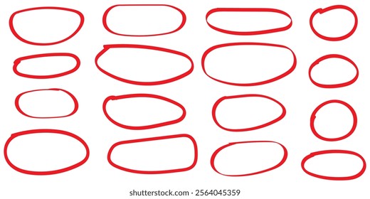 Red highlight circles, vector doodle set, isolated hand drawn ovals. Collection Hand drawn scribble.